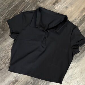 Black Polo Crop Top - Women's Casual Collared Tee